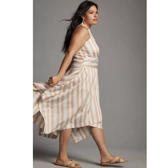 New Anthropologie Maeve Asymmetrical Wrap Shirt Dress $180 SIZE 14 Neutral Motif - Picture 3 of 10